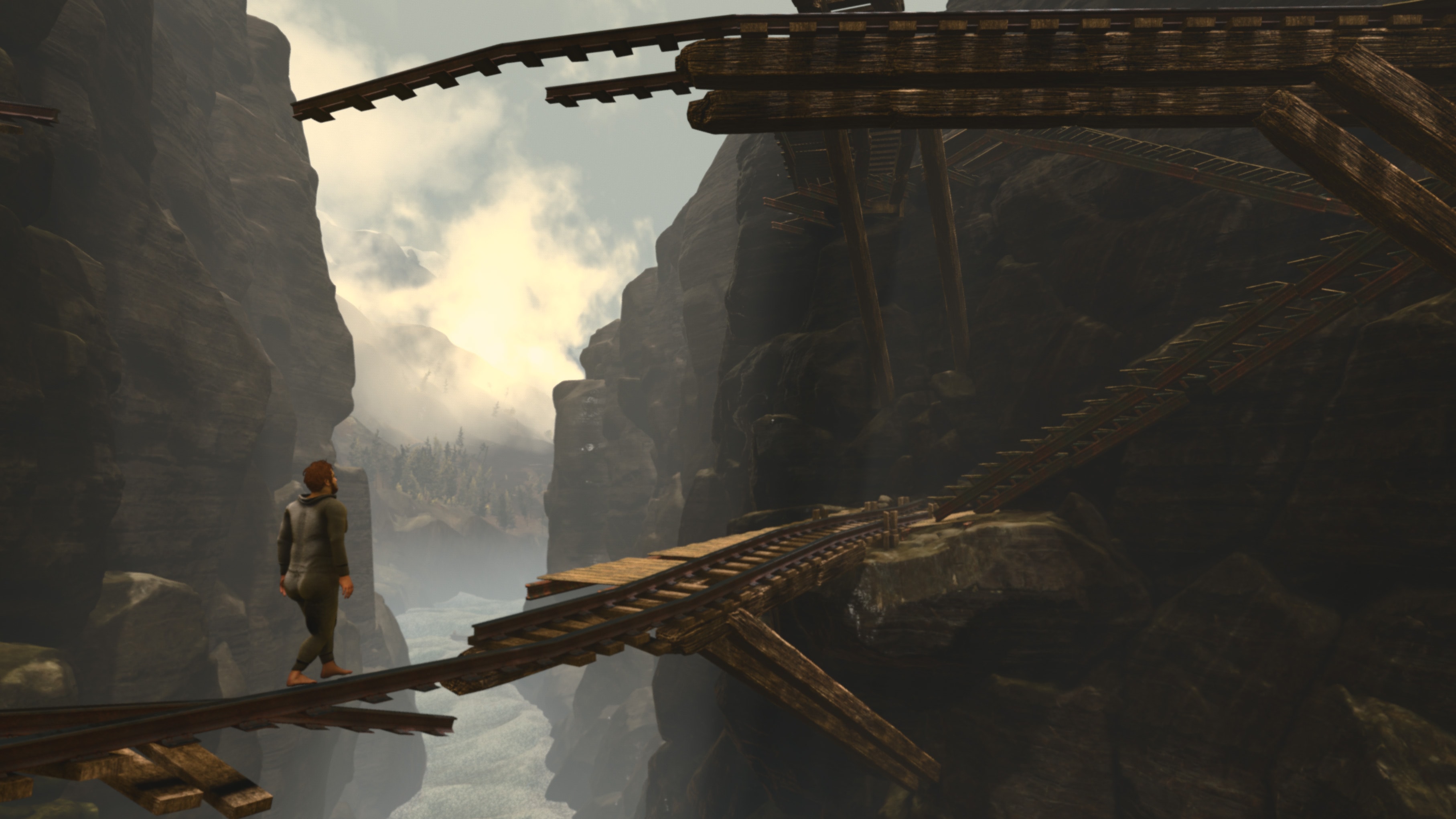 Our protagonist is walking across a collapsing railroad bridge.